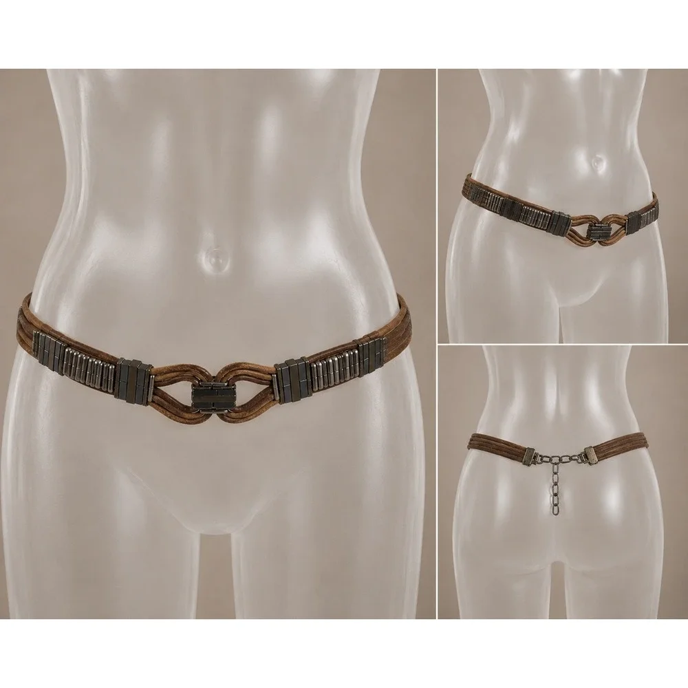 Vintage Leather Chain Belt Womens Medium Brown Boho Western Festival Belt ITALY